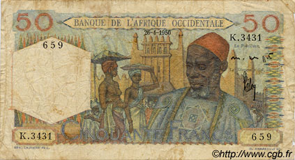 50 Francs FRENCH WEST AFRICA  1950 P.39 q.MB