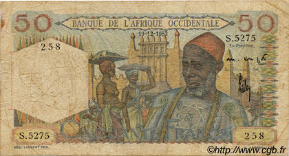 50 Francs FRENCH WEST AFRICA  1952 P.39 q.MB