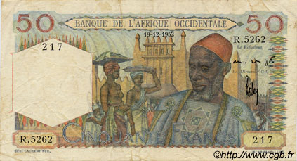 50 Francs FRENCH WEST AFRICA  1952 P.39 BC