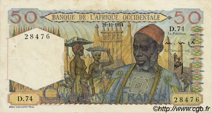 50 Francs FRENCH WEST AFRICA  1954 P.39 VF+