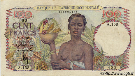 100 Francs FRENCH WEST AFRICA  1945 P.40 SS