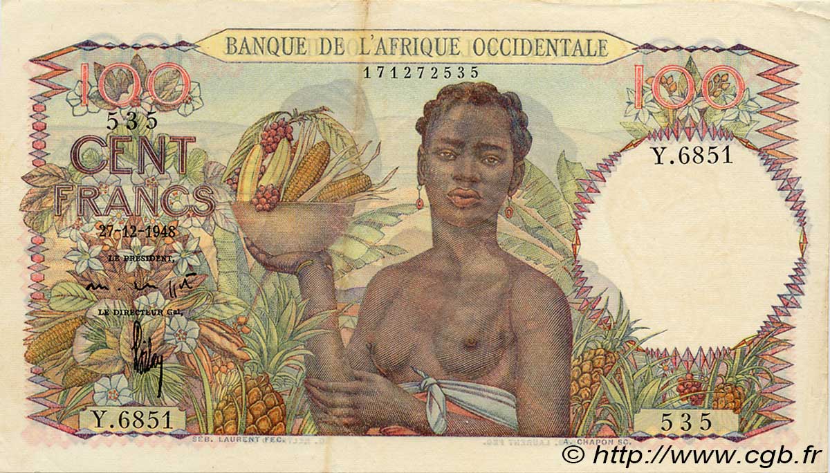 100 Francs FRENCH WEST AFRICA  1948 P.40 VF+