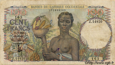 100 Francs FRENCH WEST AFRICA  1952 P.40 MB