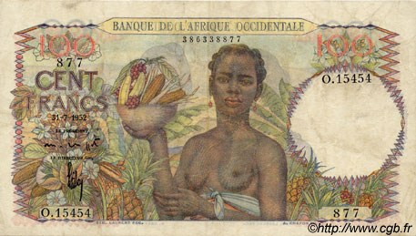 100 Francs FRENCH WEST AFRICA  1952 P.40 q.BB