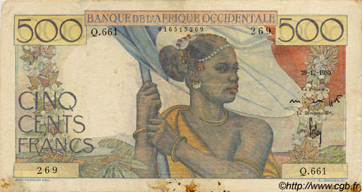 500 Francs FRENCH WEST AFRICA  1950 P.41 MBC