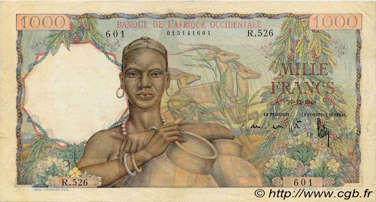1000 Francs FRENCH WEST AFRICA  1948 P.42 VF+