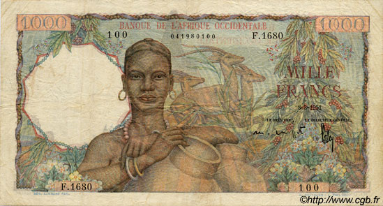 1000 Francs FRENCH WEST AFRICA  1951 P.42 F+