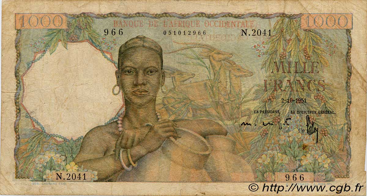1000 Francs FRENCH WEST AFRICA  1951 P.42 G