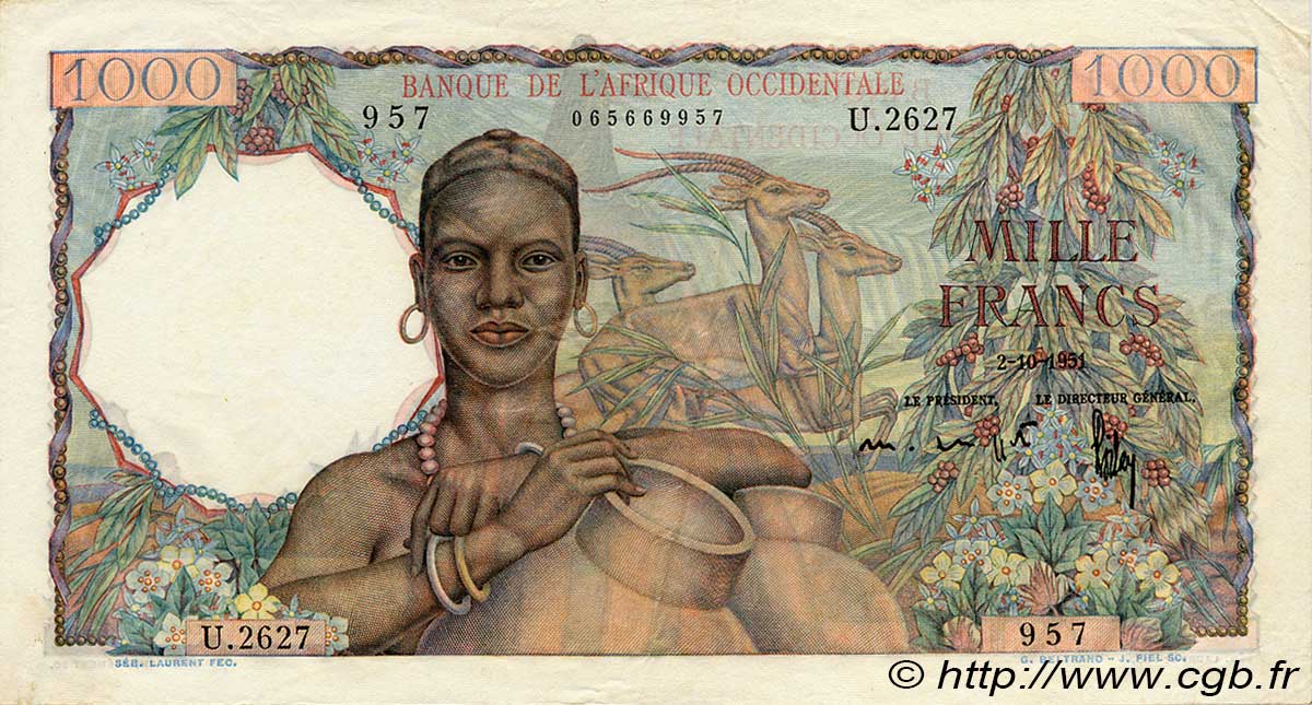 1000 Francs FRENCH WEST AFRICA  1951 P.42 XF - AU