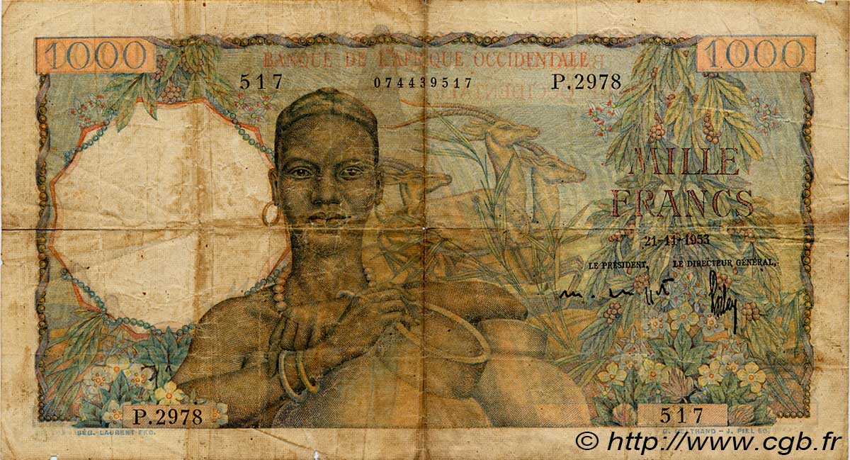 1000 Francs FRENCH WEST AFRICA  1953 P.42 SGE