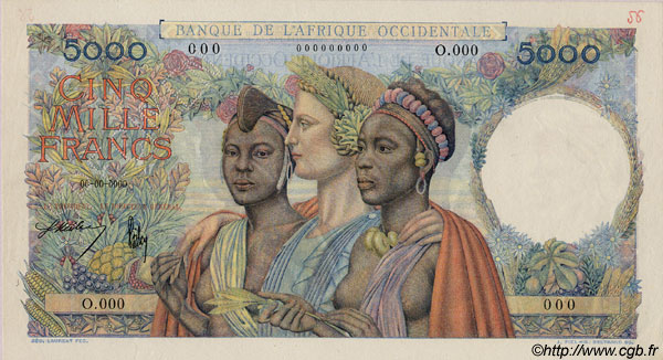 5000 Francs Spécimen FRENCH WEST AFRICA  1947 P.43s AU+