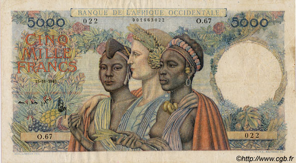 5000 Francs FRENCH WEST AFRICA  1948 P.43 BC