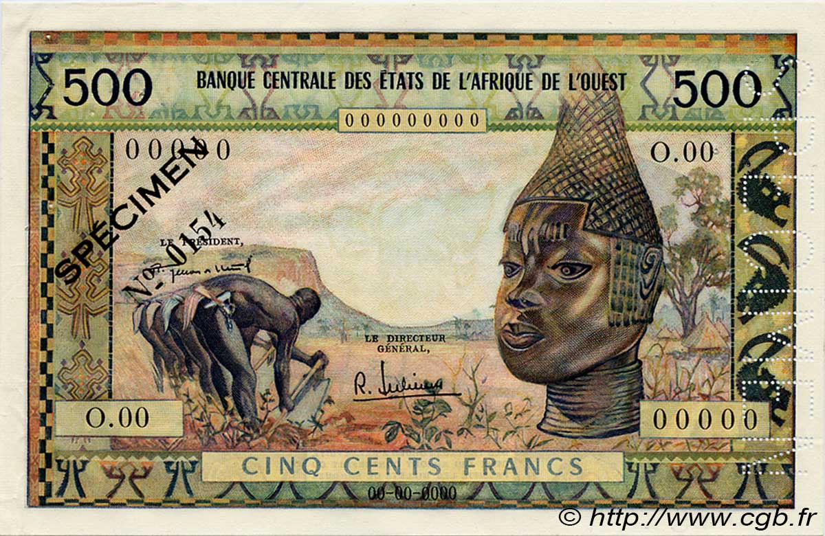 500 Francs Spécimen WEST AFRIKANISCHE STAATEN  1959 P.003s VZ