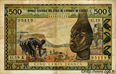 500 Francs ESTADOS DEL OESTE AFRICANO  1965 P.702Ke BC a MBC