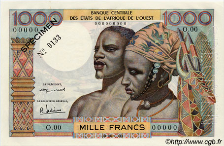 1000 Francs Spécimen WEST AFRIKANISCHE STAATEN  1959 P.004s fST+