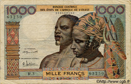1000 Francs STATI AMERICANI AFRICANI  1959 P.004 q.MB