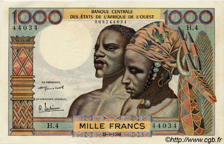 1000 Francs STATI AMERICANI AFRICANI  1959 P.004 AU+