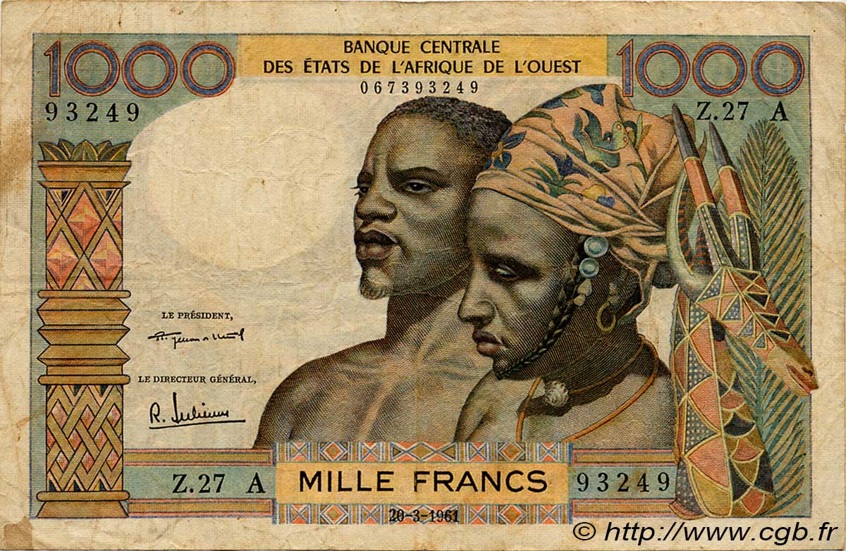 1000 Francs ESTADOS DEL OESTE AFRICANO  1961 P.103Ab BC