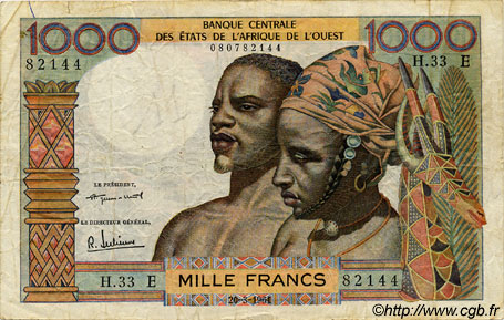 1000 Francs ESTADOS DEL OESTE AFRICANO  1961 P.503Eb BC