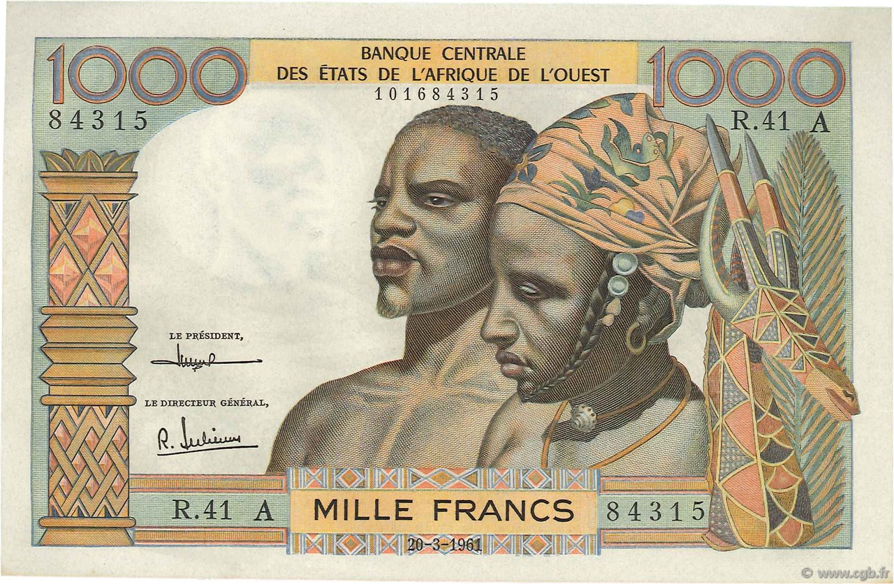1000 Francs STATI AMERICANI AFRICANI  1961 P.103Ac AU