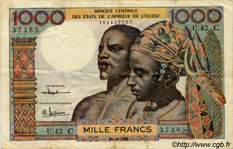 1000 Francs ESTADOS DEL OESTE AFRICANO  1961 P.303Cd MBC