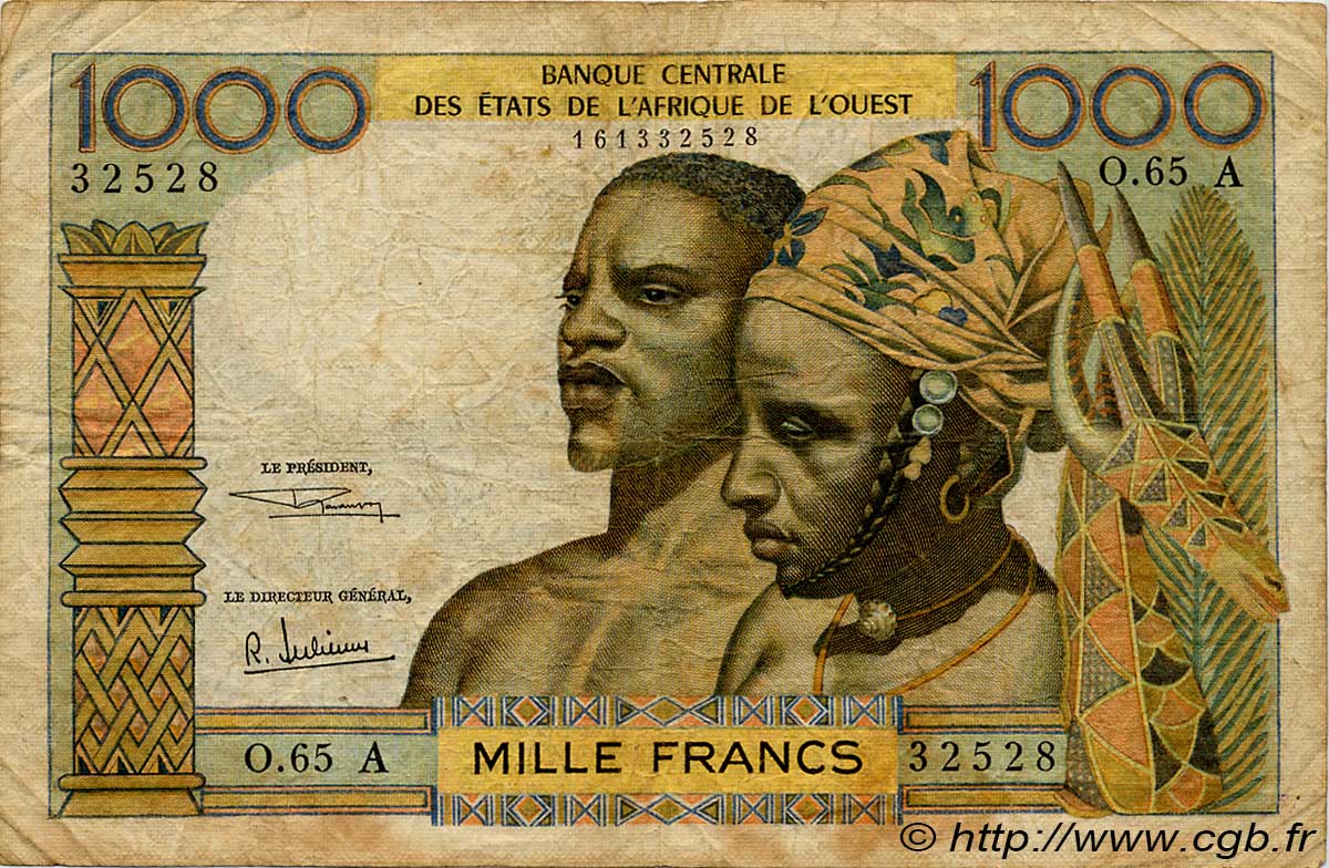 1000 Francs STATI AMERICANI AFRICANI  1969 P.103Af q.MB