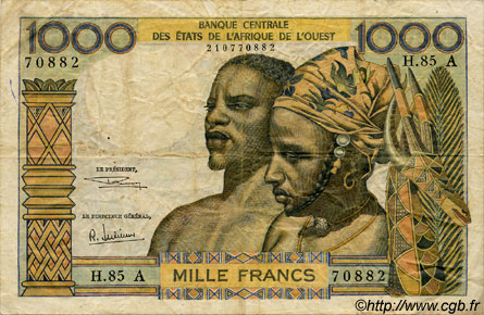 1000 Francs ESTADOS DEL OESTE AFRICANO  1969 P.103Ag BC