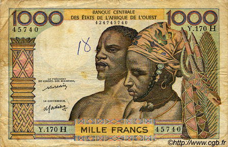 1000 Francs WEST AFRICAN STATES  1977 P.603Hm G
