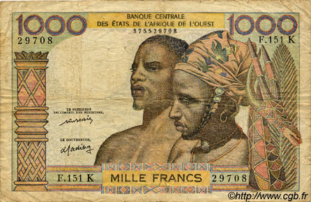 1000 Francs WEST AFRICAN STATES  1977 P.703Km VG