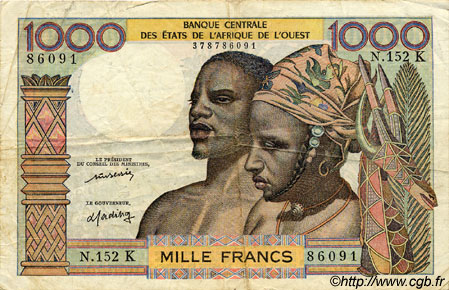 1000 Francs WEST AFRIKANISCHE STAATEN  1977 P.703Km S to SS