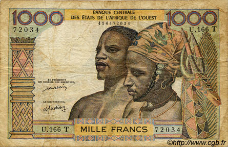 1000 Francs WEST AFRICAN STATES  1977 P.803Tm VG