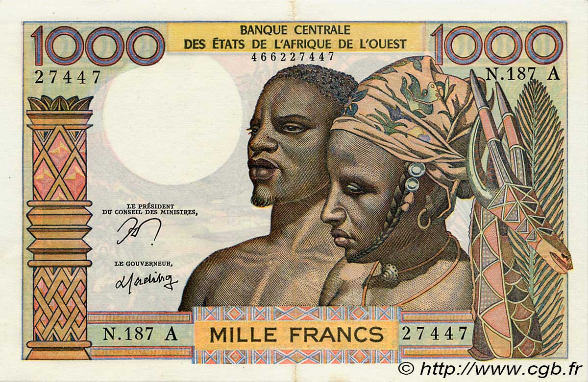1000 Francs ÉTATS DE L AFRIQUE DE L OUEST  1977 P.103Am SUP+