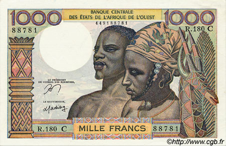 1000 Francs WEST AFRICAN STATES  1977 P.303Cn AU+