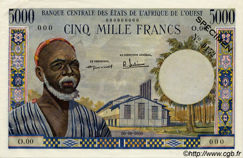 5000 Francs Spécimen ESTADOS DEL OESTE AFRICANO  1959 P.005s EBC