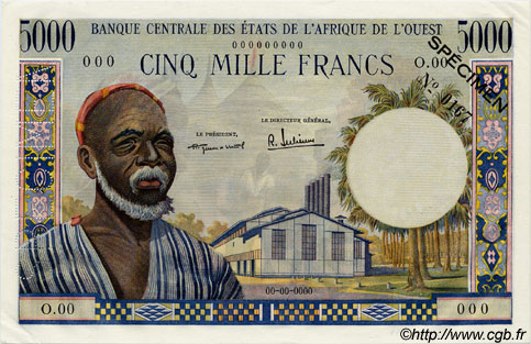 5000 Francs Spécimen STATI AMERICANI AFRICANI  1959 P.005s q.AU