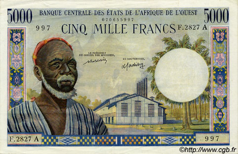 5000 Francs WEST AFRICAN STATES  1977 P.104Aj XF-