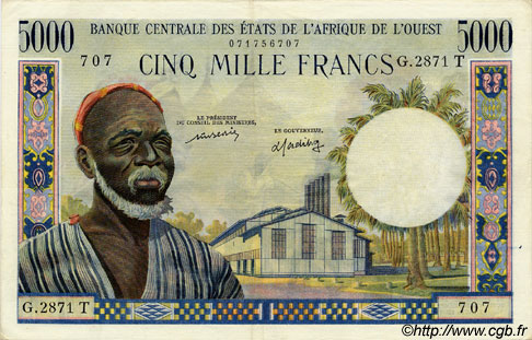 5000 Francs WEST AFRICAN STATES  1977 P.804Tm VF - XF