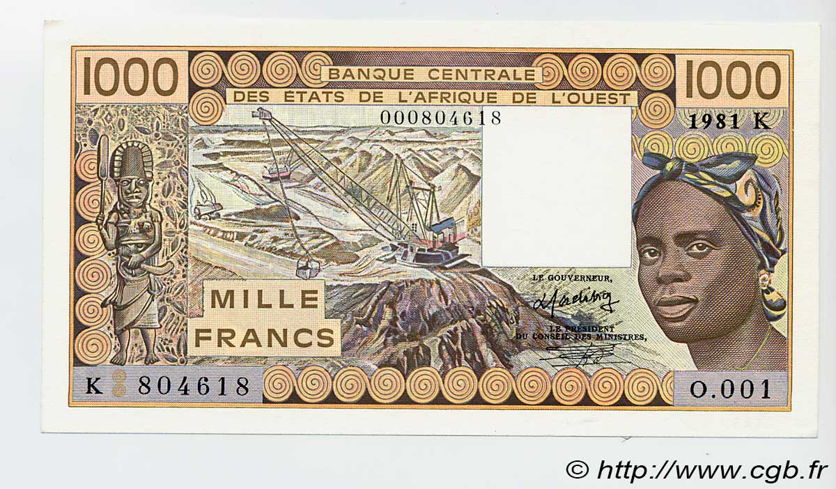 1000 Francs WEST AFRICAN STATES  1981 P.707Kb AU+