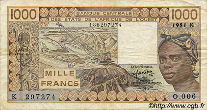 1000 Francs WEST AFRICAN STATES  1981 P.707Kb VF-