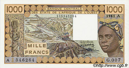 1000 Francs WEST AFRICAN STATES  1981 P.107Ac UNC-