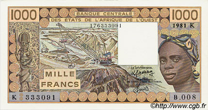 1000 Francs WEST AFRIKANISCHE STAATEN  1981 P.707Kc fST+