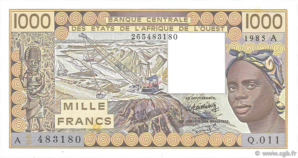 1000 Francs WEST AFRICAN STATES  1985 P.107Af UNC-