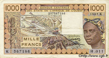 1000 Francs WEST AFRICAN STATES  1985 P.707Kf VF