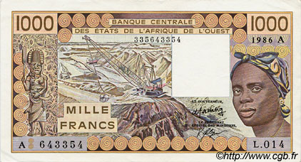 1000 Francs WEST AFRICAN STATES  1986 P.107Ag XF
