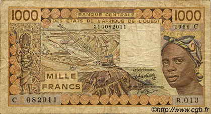 1000 Francs WEST AFRICAN STATES  1986 P.307Cg F-