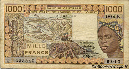 1000 Francs WEST AFRICAN STATES  1986 P.707Kg VG
