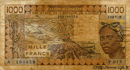 1000 Francs WEST AFRICAN STATES  1987 P.107Ah G