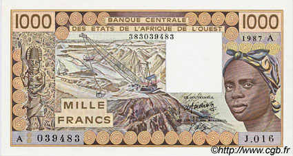 1000 Francs WEST AFRICAN STATES  1987 P.107Ah AU