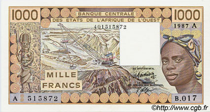 1000 Francs WEST AFRIKANISCHE STAATEN  1987 P.107Ah ST