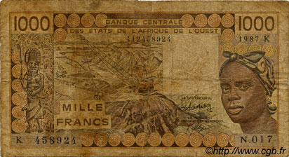 1000 Francs WEST AFRICAN STATES  1987 P.707Kh G